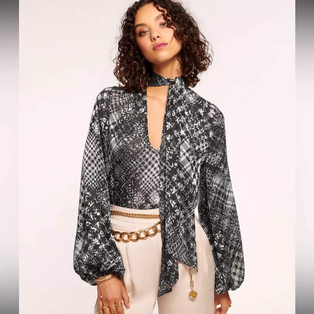 Ramy Brook Aliyah V Neck Blouse in Houndstooth Burnout